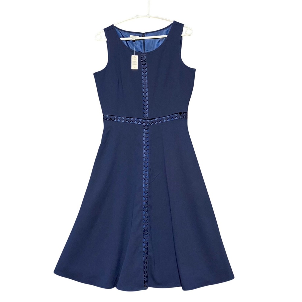 Talbots Navy Blue Lattice Embroidered Fit and Flare Sleeveless Dress Size 4 NEW